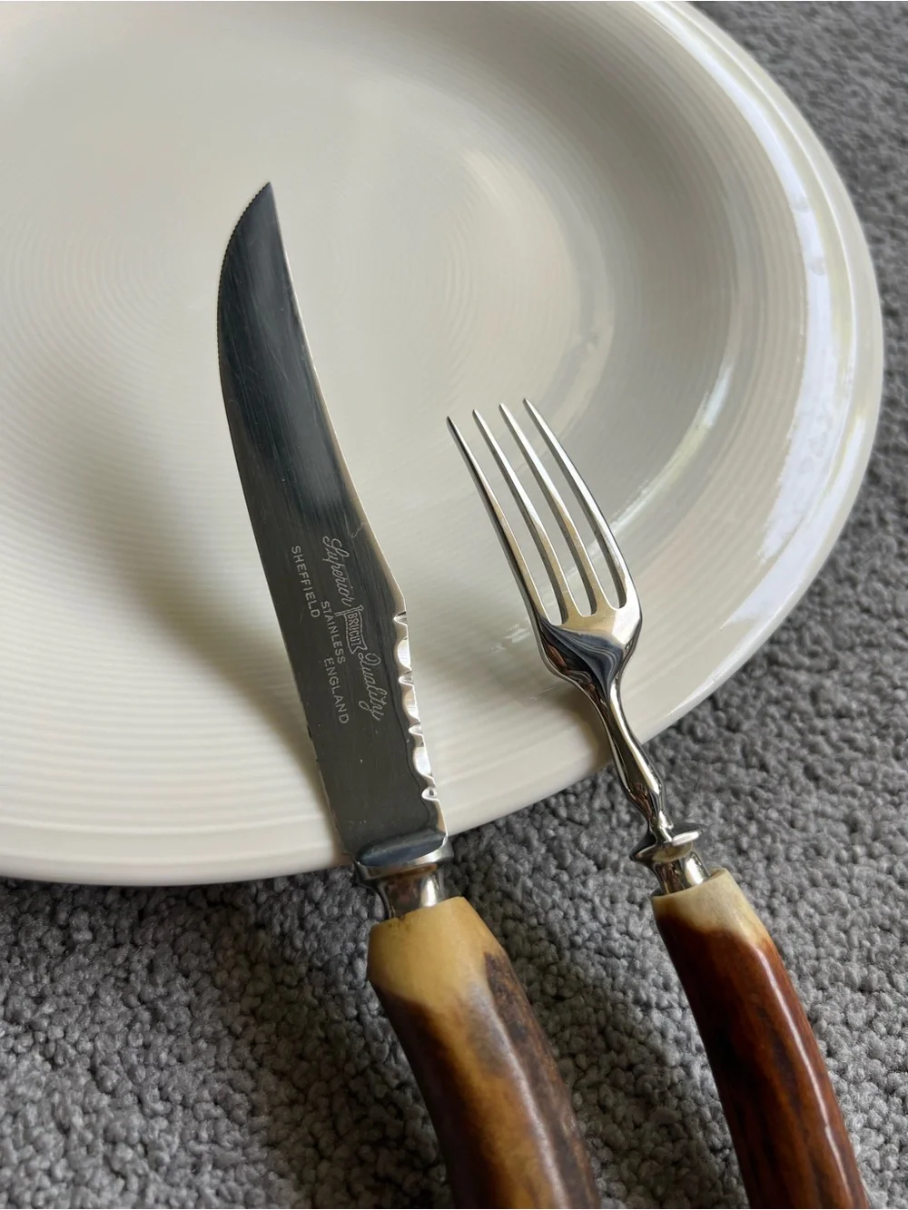 Unused Vintage BRUCUT Sheffield England Stag Handle Steak Knives & Forks⁠